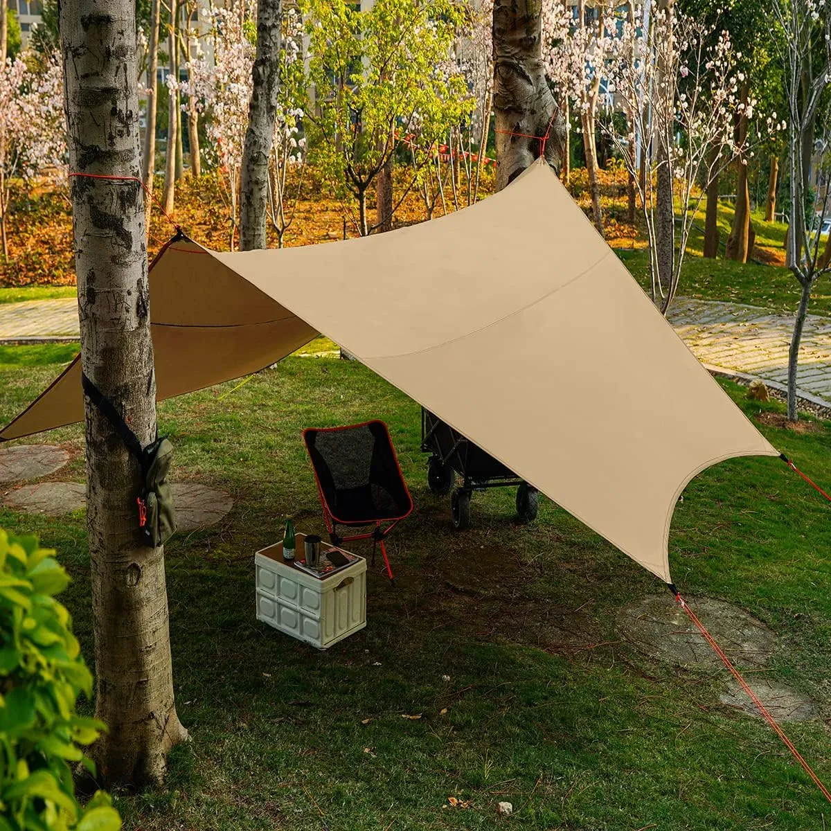 15ft x 15ft Camping Tarp Shelter with Poles Large Tent Tarp Waterproof Rain Fly for Hammock Cover Bushcraft Picnic Backpacking Outdoor Survival