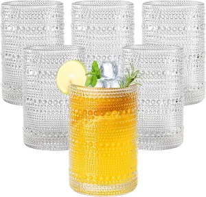 15oz Hobnail Drinking Glasses Set of 6,Clear Vintage Glassware Embossed Water Tumbler,Cocktail Glass Cups for Beer,Whiskey,Juice and Various Mixed Drinks
