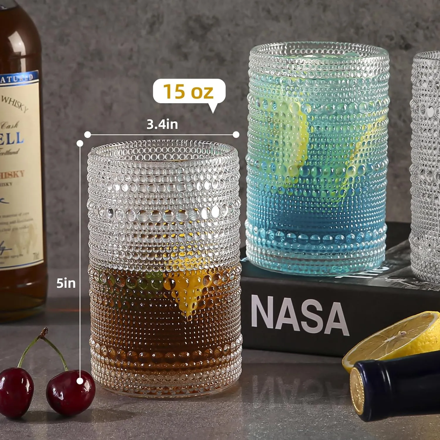 15oz Hobnail Drinking Glasses Set of 6,Clear Vintage Glassware Embossed Water Tumbler,Cocktail Glass Cups for Beer,Whiskey,Juice and Various Mixed Drinks