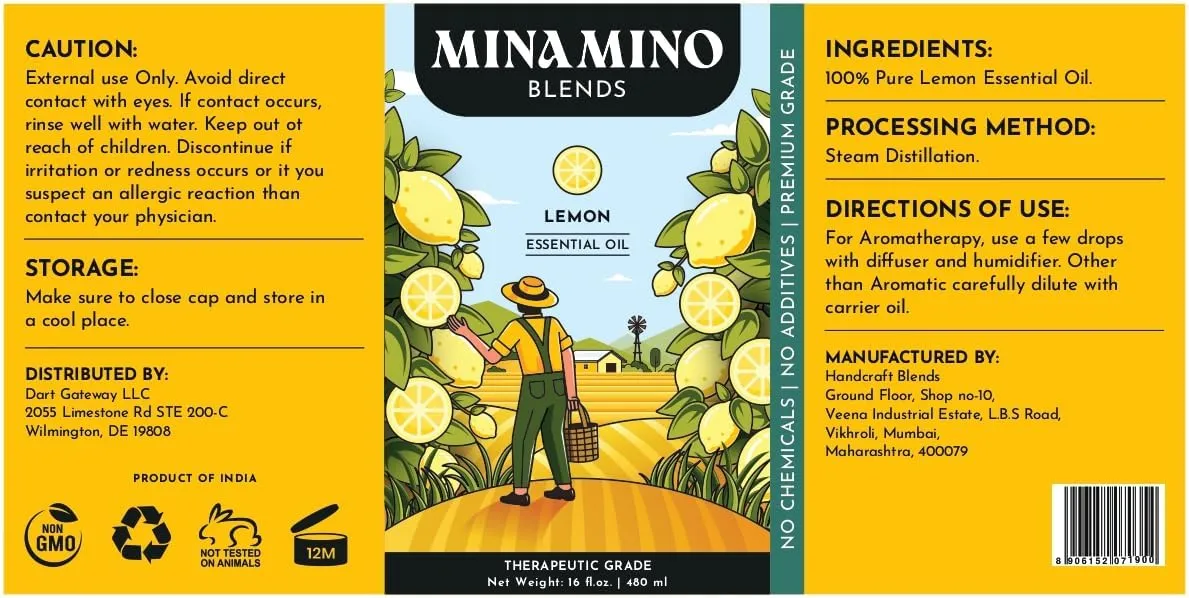 16 fl oz - Lemon Essential Oil (100% Pure & Natural) Large Aluminum Bottle for Aromatherapy, Diffuser, Candle & Soap Making - Minamino Blends