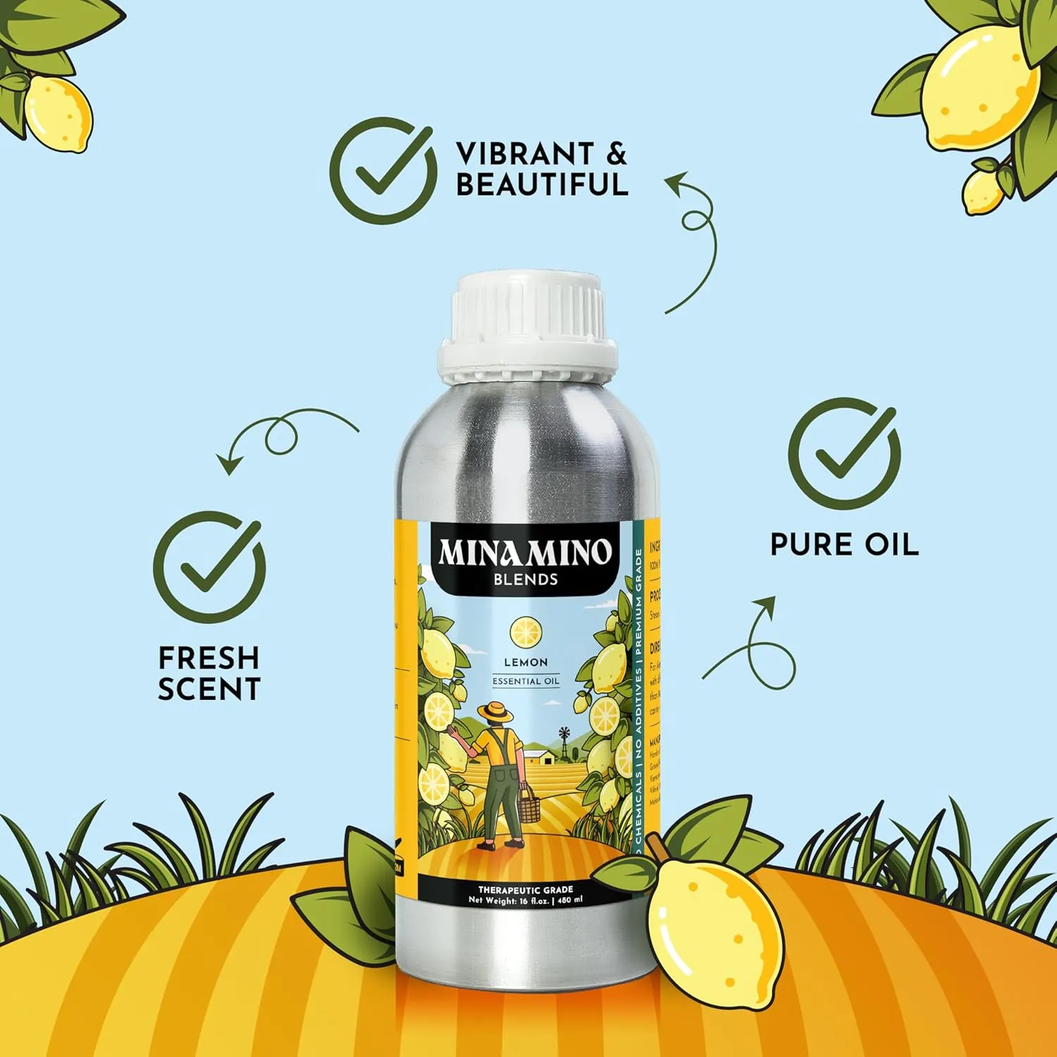 16 fl oz - Lemon Essential Oil (100% Pure & Natural) Large Aluminum Bottle for Aromatherapy, Diffuser, Candle & Soap Making - Minamino Blends