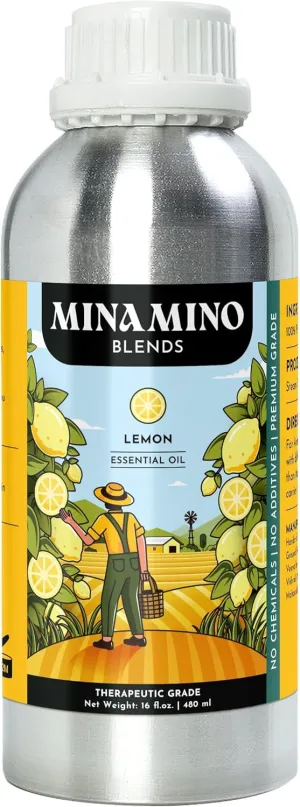 16 fl oz - Lemon Essential Oil (100% Pure & Natural) Large Aluminum Bottle for Aromatherapy, Diffuser, Candle & Soap Making - Minamino Blends
