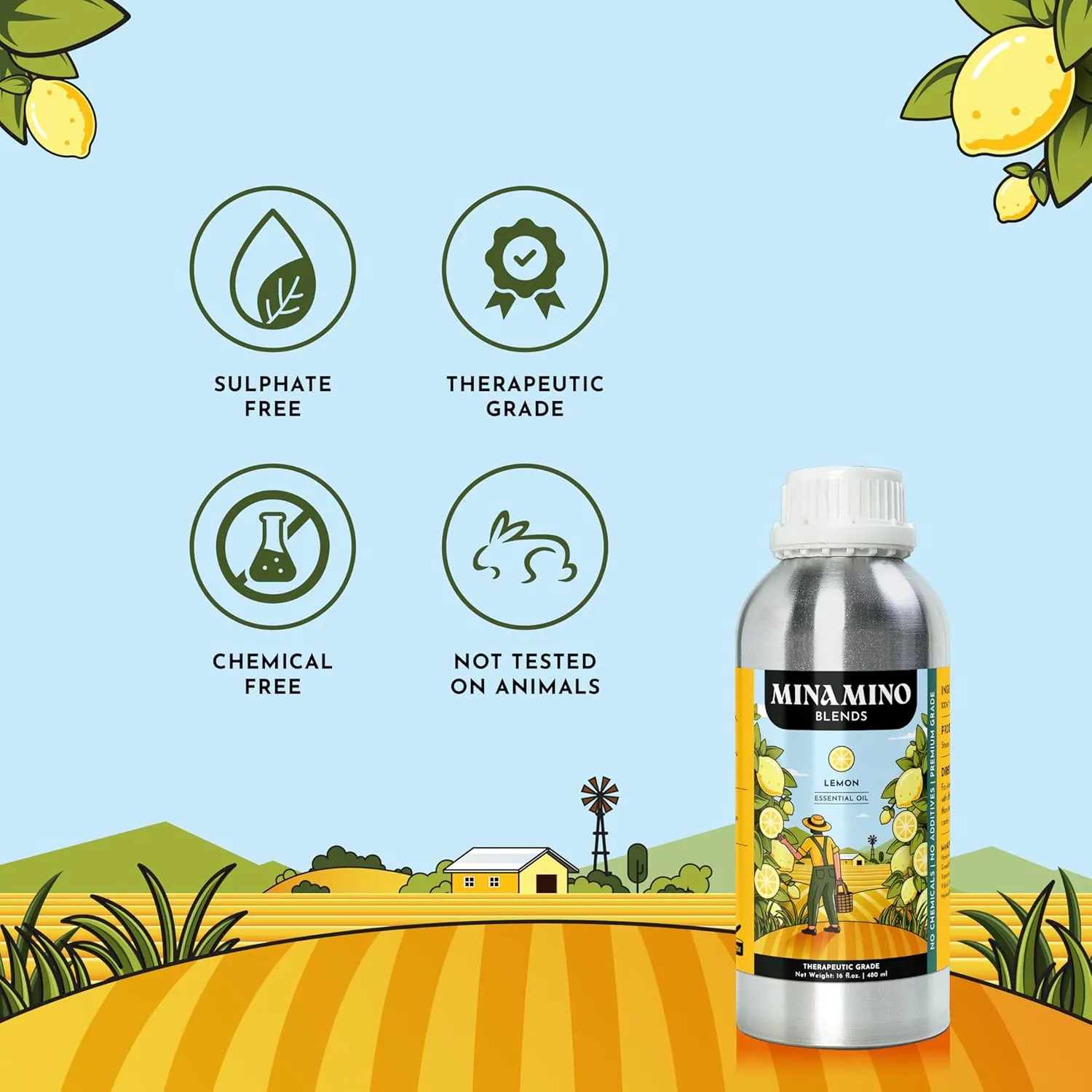 16 fl oz - Lemon Essential Oil (100% Pure & Natural) Large Aluminum Bottle for Aromatherapy, Diffuser, Candle & Soap Making - Minamino Blends