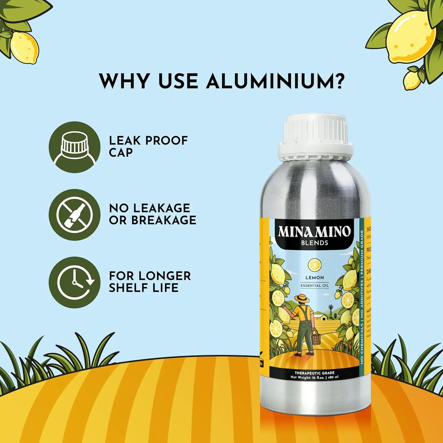 16 fl oz - Lemon Essential Oil (100% Pure & Natural) Large Aluminum Bottle for Aromatherapy, Diffuser, Candle & Soap Making - Minamino Blends