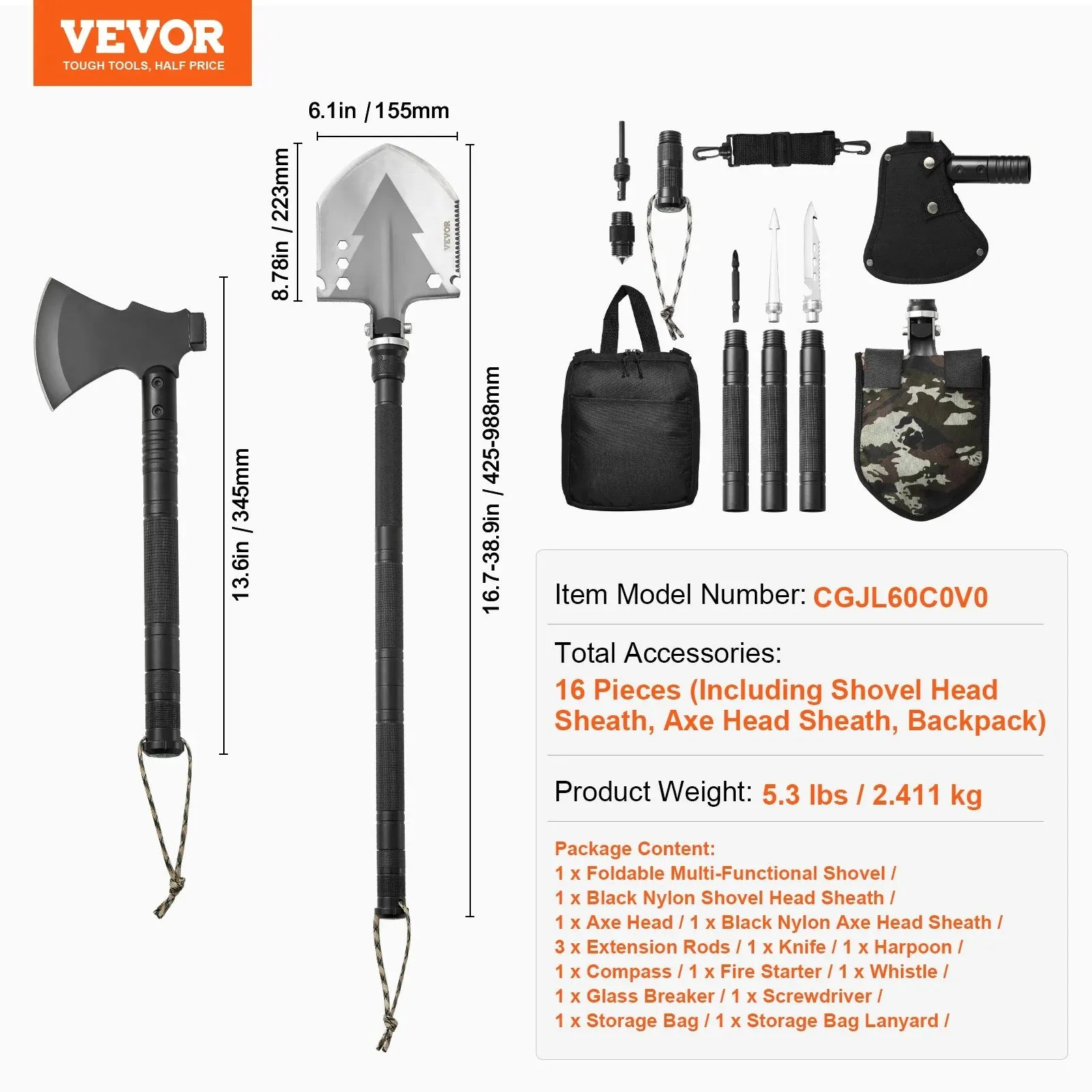 16-In-1 Survival Toolkit for Camping with Hatchet