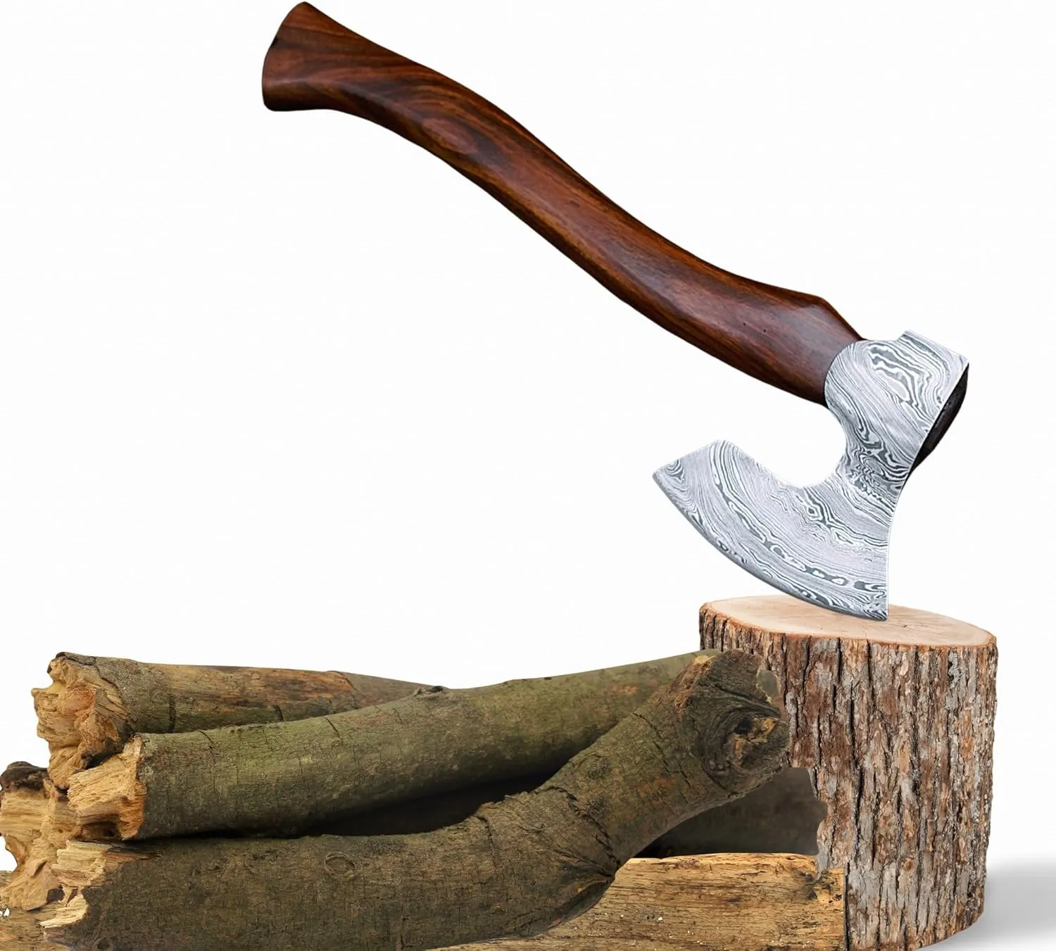 16 in Damascus Hatchet - Handmade Bearded Viking Axe - Damascus Steel Axe with Leather Sheath