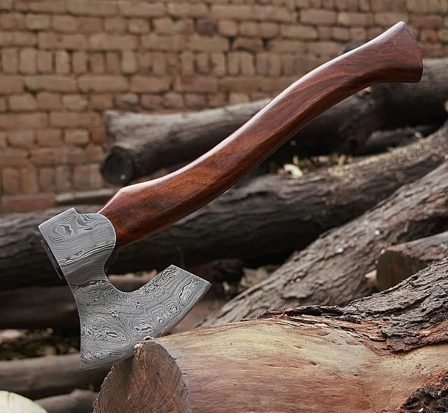 16 in Damascus Hatchet - Handmade Bearded Viking Axe - Damascus Steel Axe with Leather Sheath