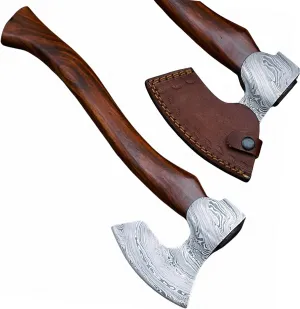 16 in Damascus Hatchet - Handmade Bearded Viking Axe - Damascus Steel Axe with Leather Sheath