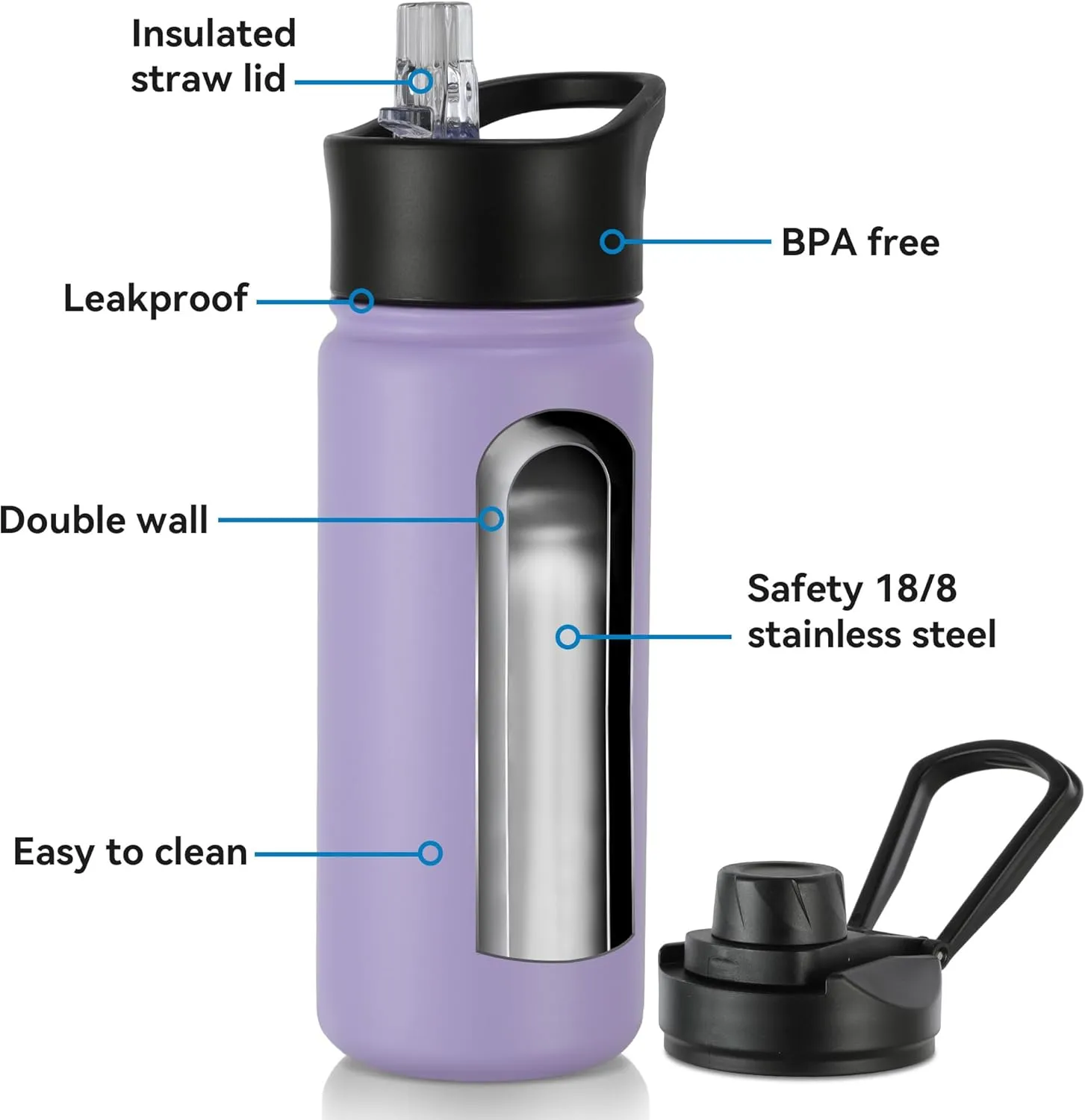16 oz Insulated Water Bottle with Straw Lids, Stainless Steel Kids Water Bottles for School, Double Wall Vacuum Metal Water Bottle with Straw & Wide Mouth Lid, Lavender 8 Pack