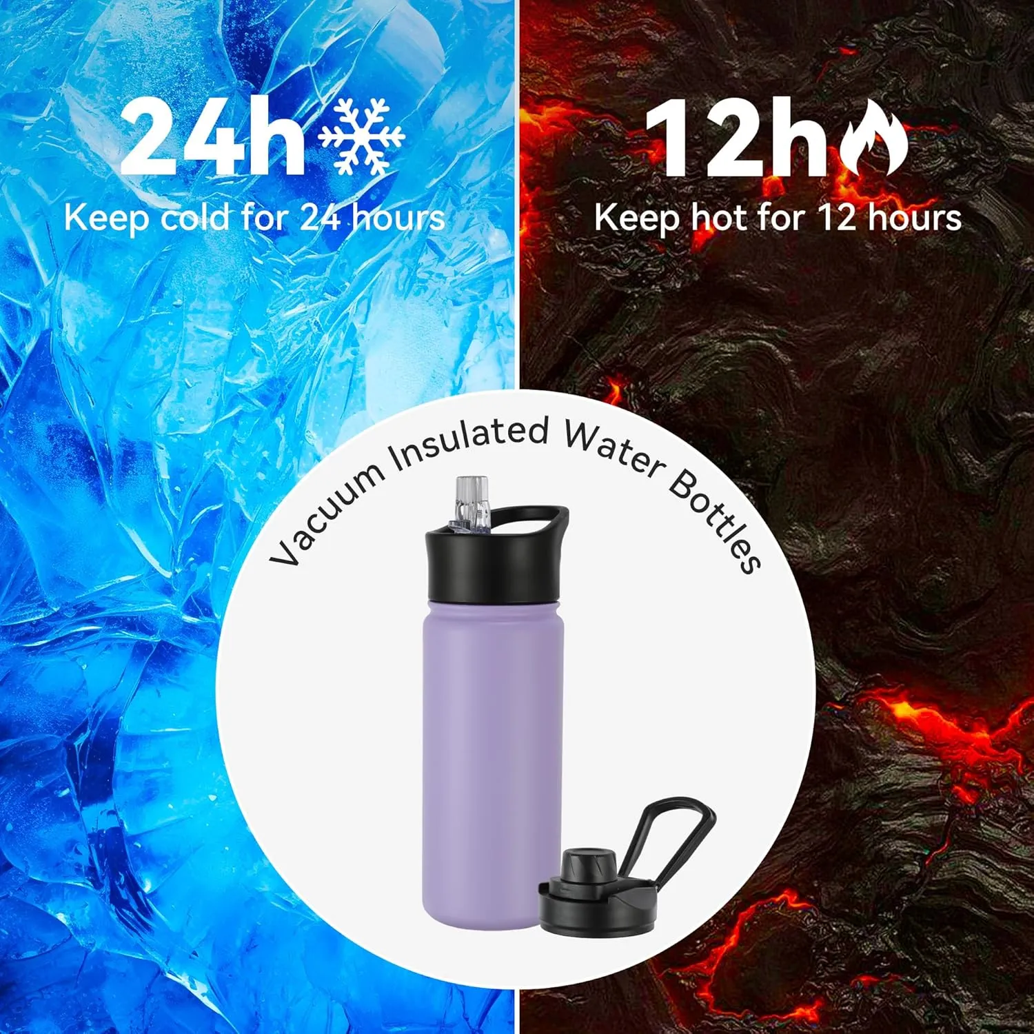 16 oz Insulated Water Bottle with Straw Lids, Stainless Steel Kids Water Bottles for School, Double Wall Vacuum Metal Water Bottle with Straw & Wide Mouth Lid, Lavender 8 Pack
