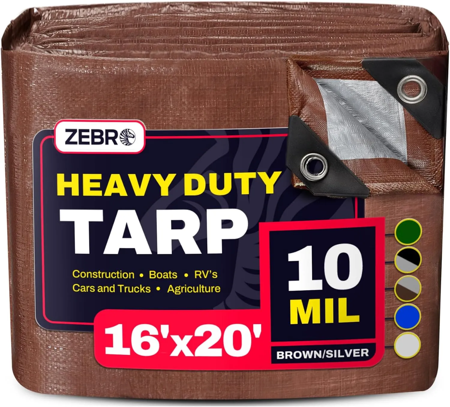 16' x 20' Brown/Silver Heavy Duty Tarp with Grommets Reinforced - 10 Mil Thick - Double Sided Plastic Waterproof Tarps - Large Tarpaulin Cover for Outdoor Camping Tent Tarp RV Roof Rain - Zebro