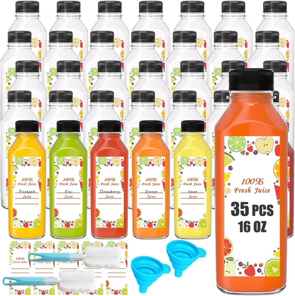 16oz Empty Plastic Bottles with Caps, 35 pcs 500 ml Reusable Bulk Sell of Juice Bottles,Take Out Beverage Containers for Juice, Milk and Other Beverages.