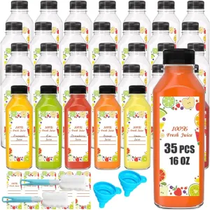 16oz Empty Plastic Bottles with Caps, 35 pcs 500 ml Reusable Bulk Sell of Juice Bottles,Take Out Beverage Containers for Juice, Milk and Other Beverages.