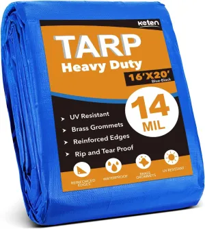 16x20Ft Tarp, Keten 14 Mil Tarps Heavy Duty Waterproof with Tear & Fade Resistant, UV Resistant, Outdoor Tarp with Reinforced Grommets for Roof, Camping, Patio, Pool, Boat (Blue&Black)