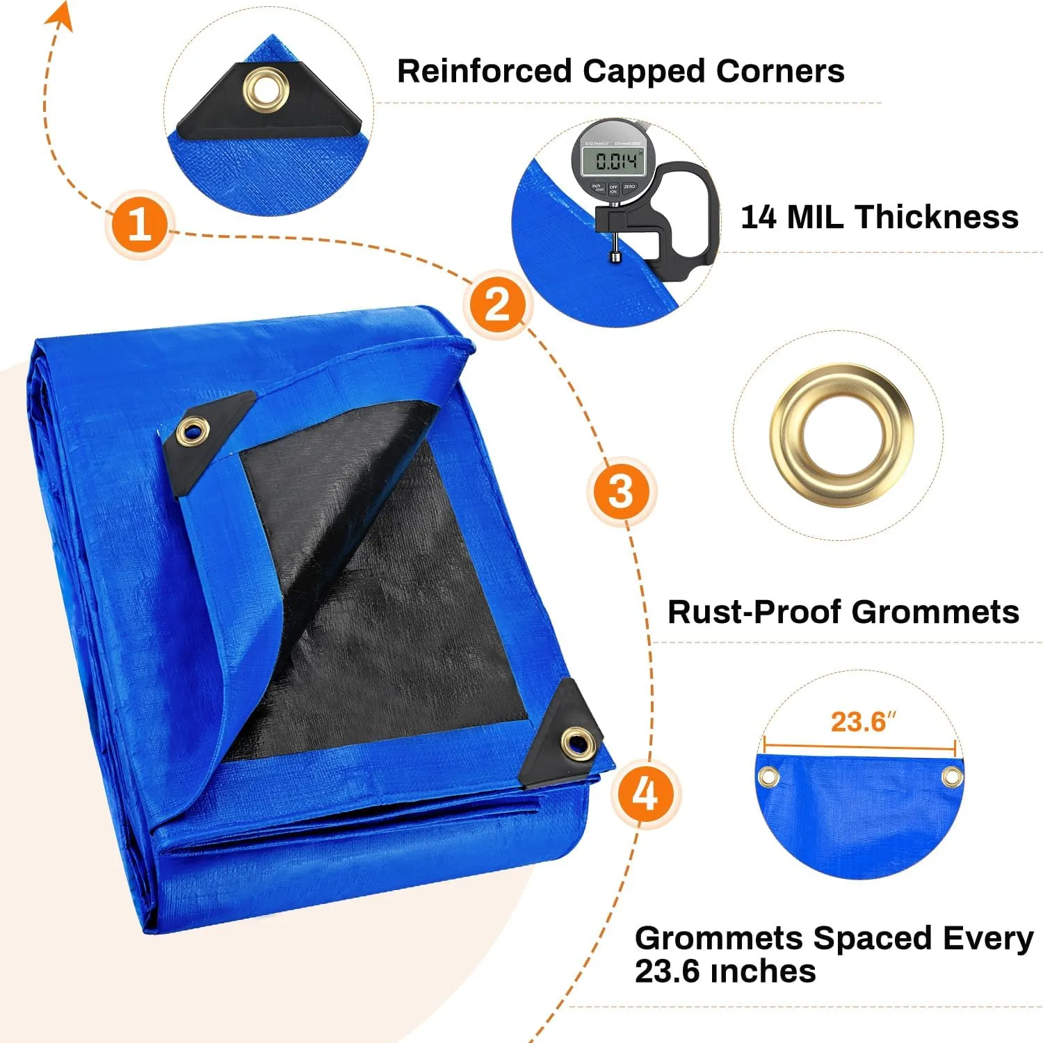 16x20Ft Tarp, Keten 14 Mil Tarps Heavy Duty Waterproof with Tear & Fade Resistant, UV Resistant, Outdoor Tarp with Reinforced Grommets for Roof, Camping, Patio, Pool, Boat (Blue&Black)