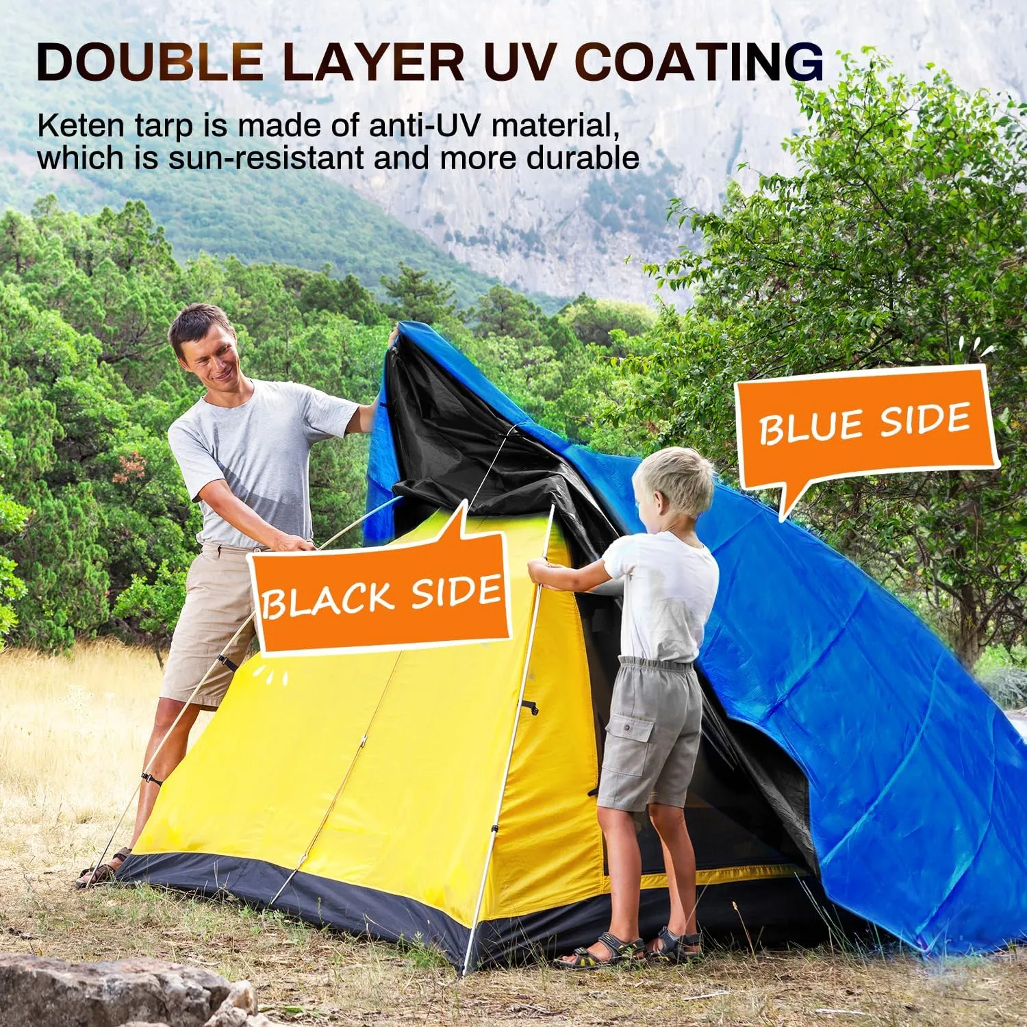 16x20Ft Tarp, Keten 14 Mil Tarps Heavy Duty Waterproof with Tear & Fade Resistant, UV Resistant, Outdoor Tarp with Reinforced Grommets for Roof, Camping, Patio, Pool, Boat (Blue&Black)
