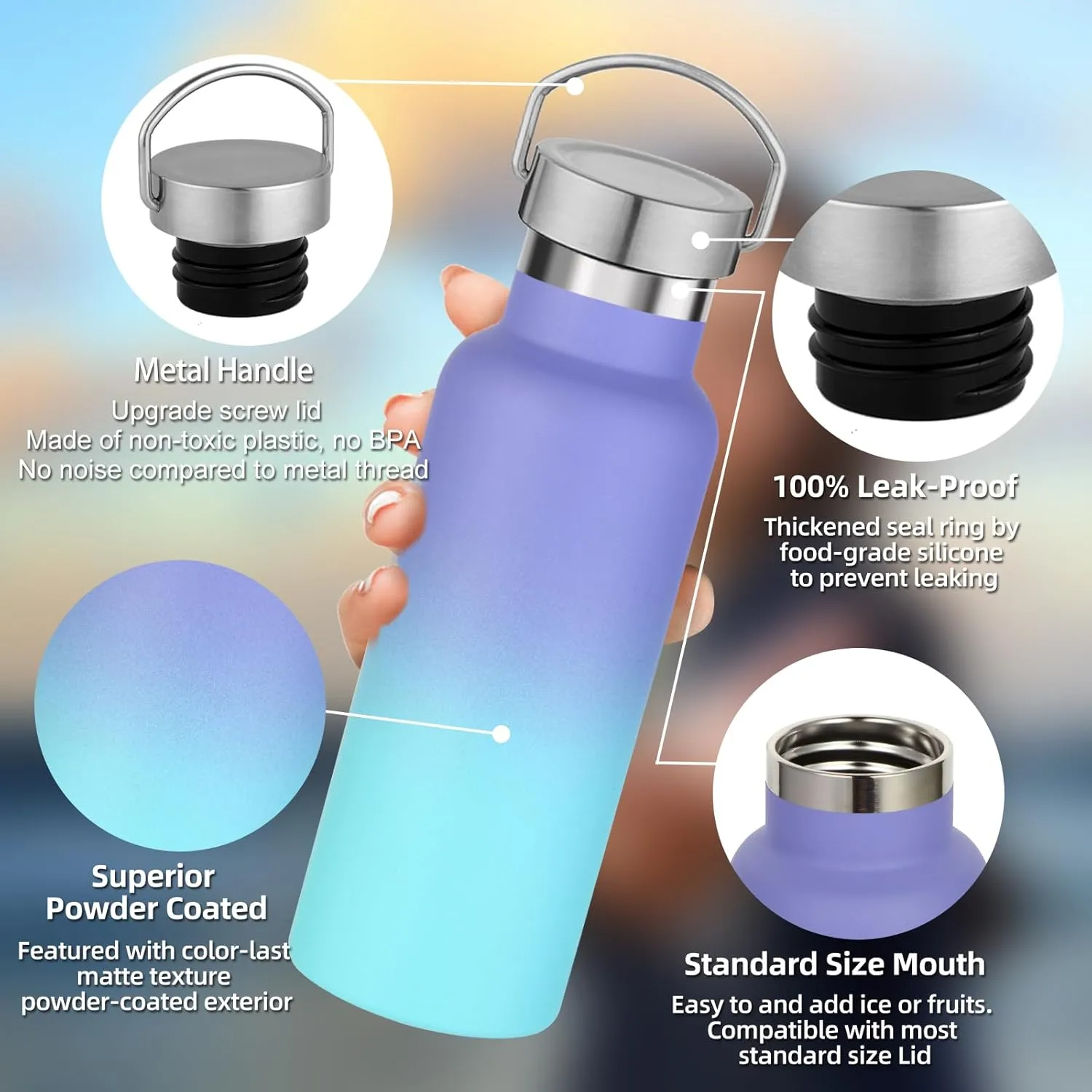 17oz Stainless Steel Water Bottle,Leak-Proof Sweat-Proof Travel Flask,Double Wall Vacuum Thermos,Portable Insulated Cup,Reuseble Metal Bottle for School Sports Hikers Kids,Assorted(4Packs)