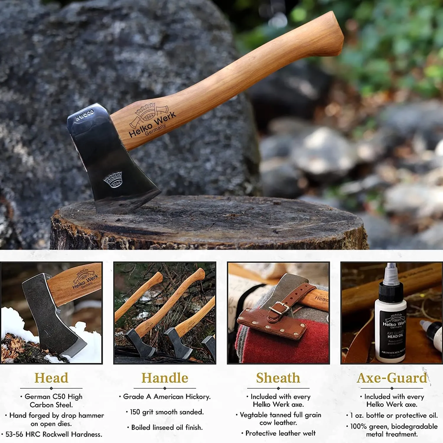1844 Helko Werk Germany Classic Voyager Hatchet - Camp Hatchet for Scouting, Camping, and Backpacking, Small Camping Axe with Hammer Head poll - Head 1 lb, Handle 13 in. (Voyager) #10107