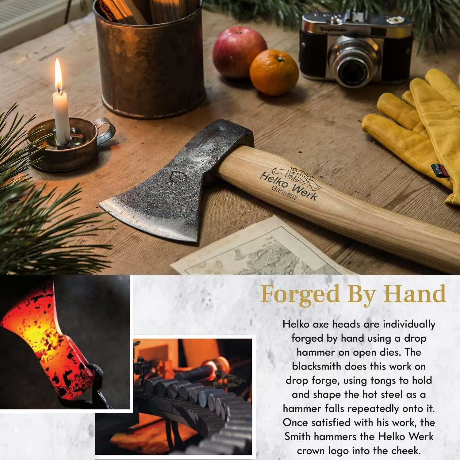 1844 Helko Werk Germany Traditional Rheinland Hatchet - Made in Germany Camping Hatchet and Bushcraft, Backpacking Handmade German Hatchet - Head 1.25 lbs, Handle 14 in. (Rheinland Hatchet) #11326