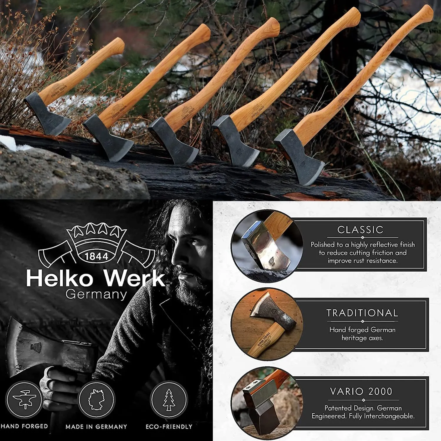 1844 Helko Werk Germany Traditional Rheinland Hatchet - Made in Germany Camping Hatchet and Bushcraft, Backpacking Handmade German Hatchet - Head 1.25 lbs, Handle 14 in. (Rheinland Hatchet) #11326
