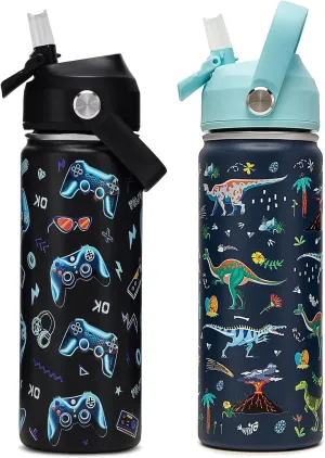 18oz Kids Insulated Water Bottle with Straw Lid - 18/8 Stainless Steel Kid Cup Travel Tumbler Double Wall Vacuum Leak Proof Portable Toddler Water Bottle (Game   Dinosaur)
