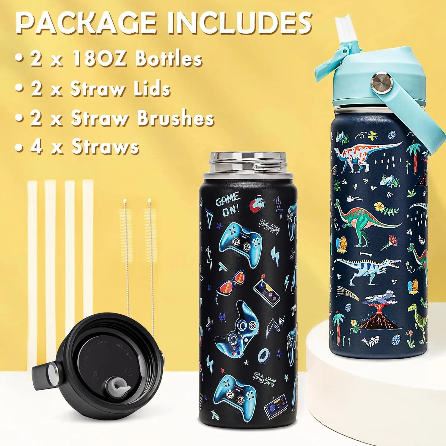18oz Kids Insulated Water Bottle with Straw Lid - 18/8 Stainless Steel Kid Cup Travel Tumbler Double Wall Vacuum Leak Proof Portable Toddler Water Bottle (Game   Dinosaur)