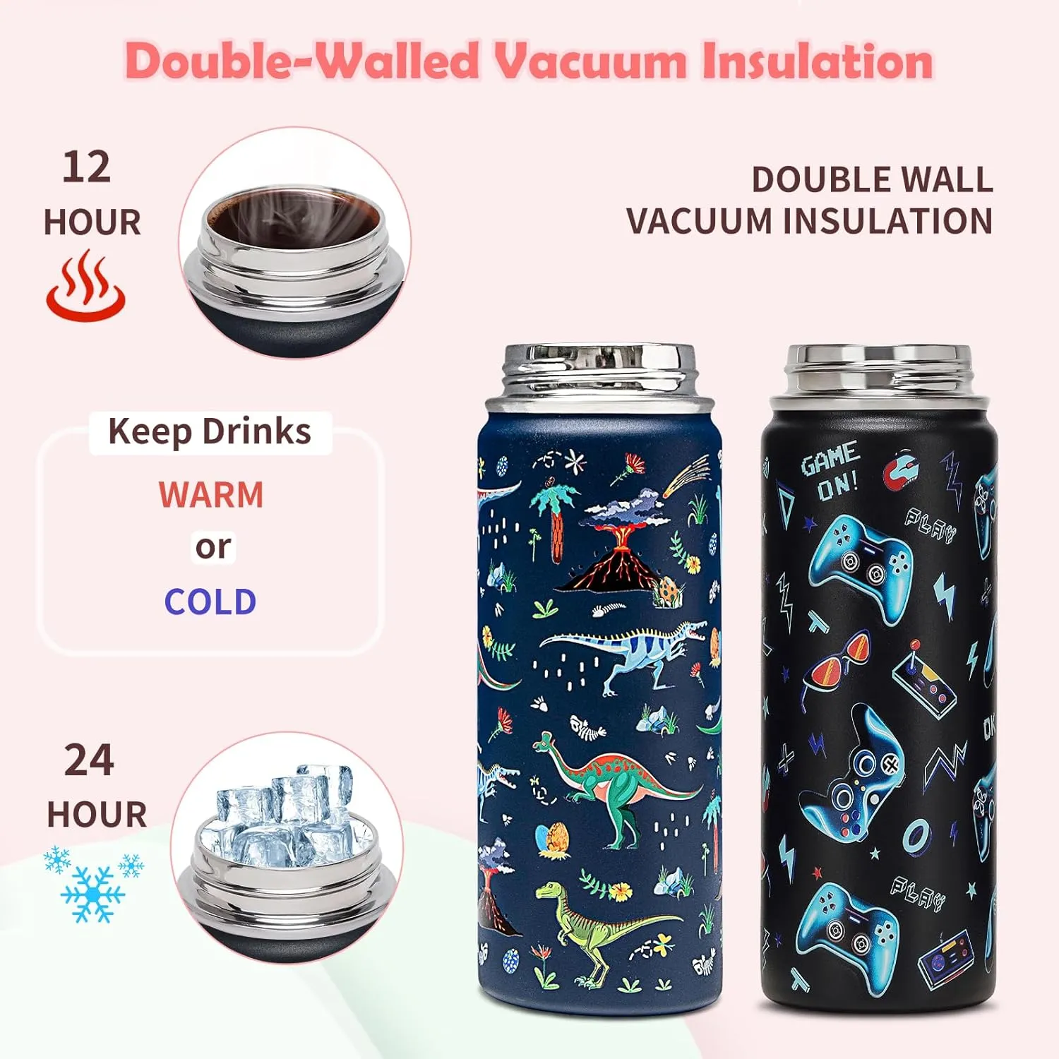 18oz Kids Insulated Water Bottle with Straw Lid - 18/8 Stainless Steel Kid Cup Travel Tumbler Double Wall Vacuum Leak Proof Portable Toddler Water Bottle (Game   Dinosaur)