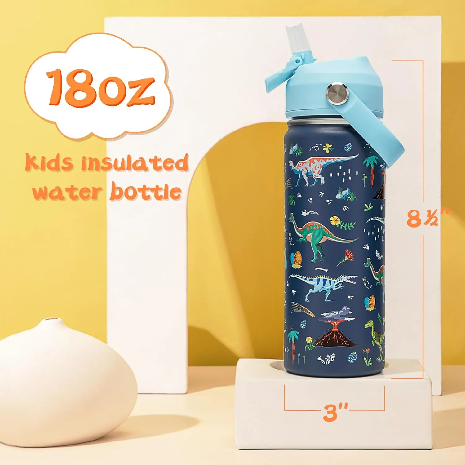 18oz Kids Insulated Water Bottle with Straw Lid - 18/8 Stainless Steel Kid Cup Travel Tumbler Double Wall Vacuum Leak Proof Portable Toddler Water Bottle (Game   Dinosaur)