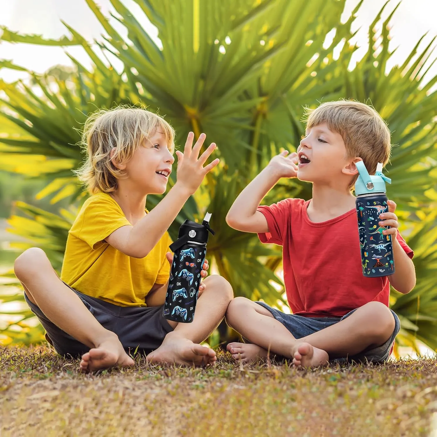 18oz Kids Insulated Water Bottle with Straw Lid - 18/8 Stainless Steel Kid Cup Travel Tumbler Double Wall Vacuum Leak Proof Portable Toddler Water Bottle (Game   Dinosaur)