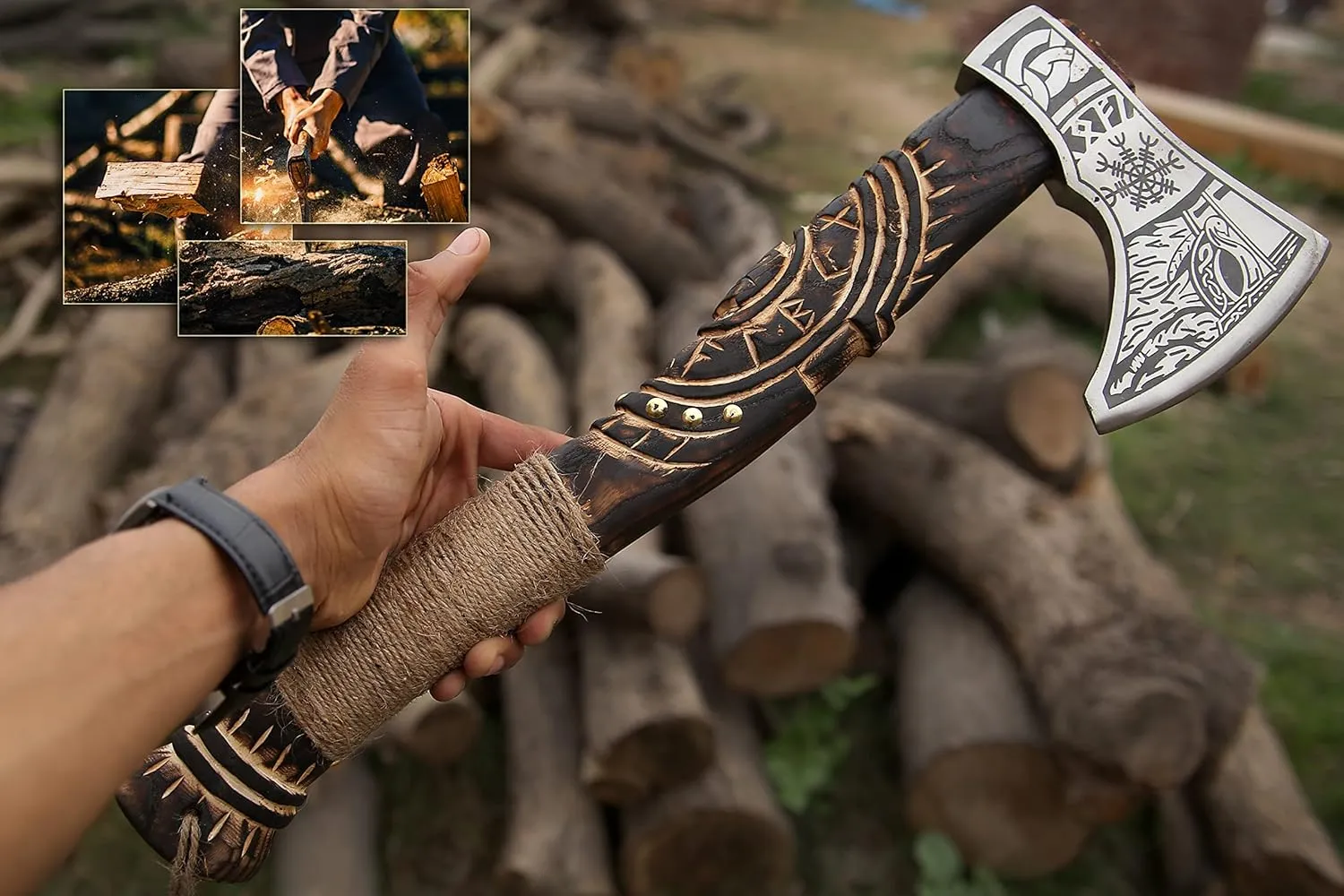 19” Hand Forged Viking Axe- Rose Wood Shaft Engraved Carbon Steel Bearded Axe for Camping- Viking Gift for Men(Norse Viking Axe)