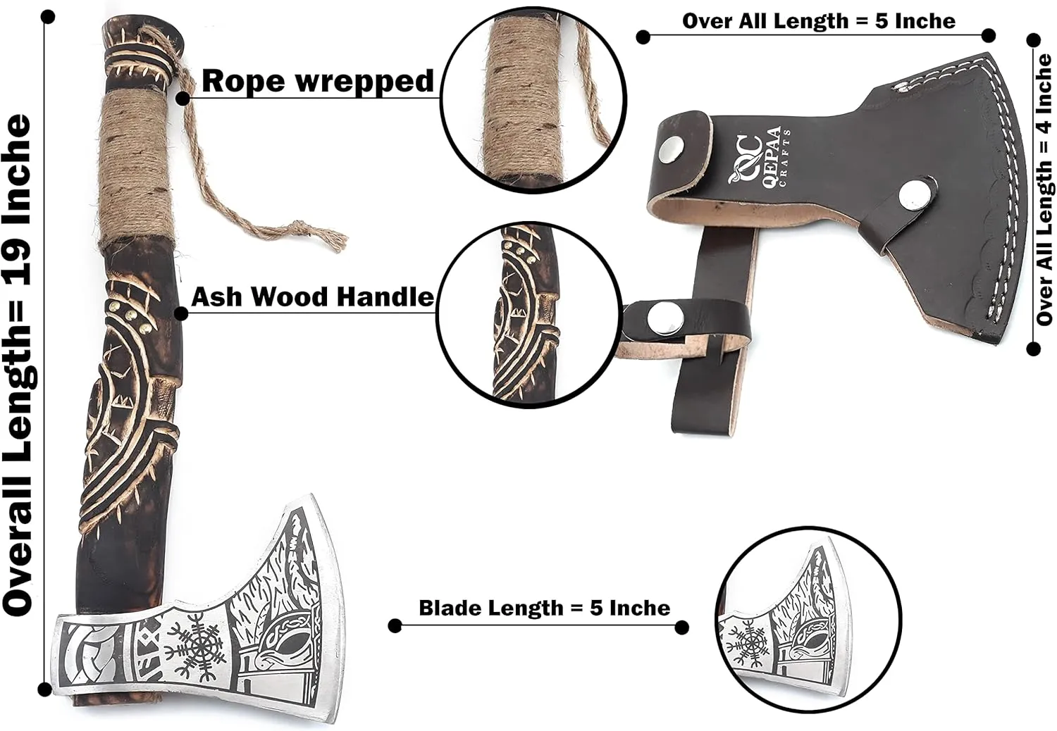 19” Hand Forged Viking Axe- Rose Wood Shaft Engraved Carbon Steel Bearded Axe for Camping- Viking Gift for Men(Norse Viking Axe)
