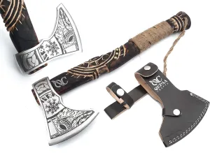19” Hand Forged Viking Axe- Rose Wood Shaft Engraved Carbon Steel Bearded Axe for Camping- Viking Gift for Men(Norse Viking Axe)