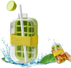 2-in-1 Ice Cube Bottle with Straw - Easy Press Ice Tray Water Bottle, Leak Proof Lid, Vertical Ice Maker for Freezer, Travel, Gym & Home Use (Green, 800ml)