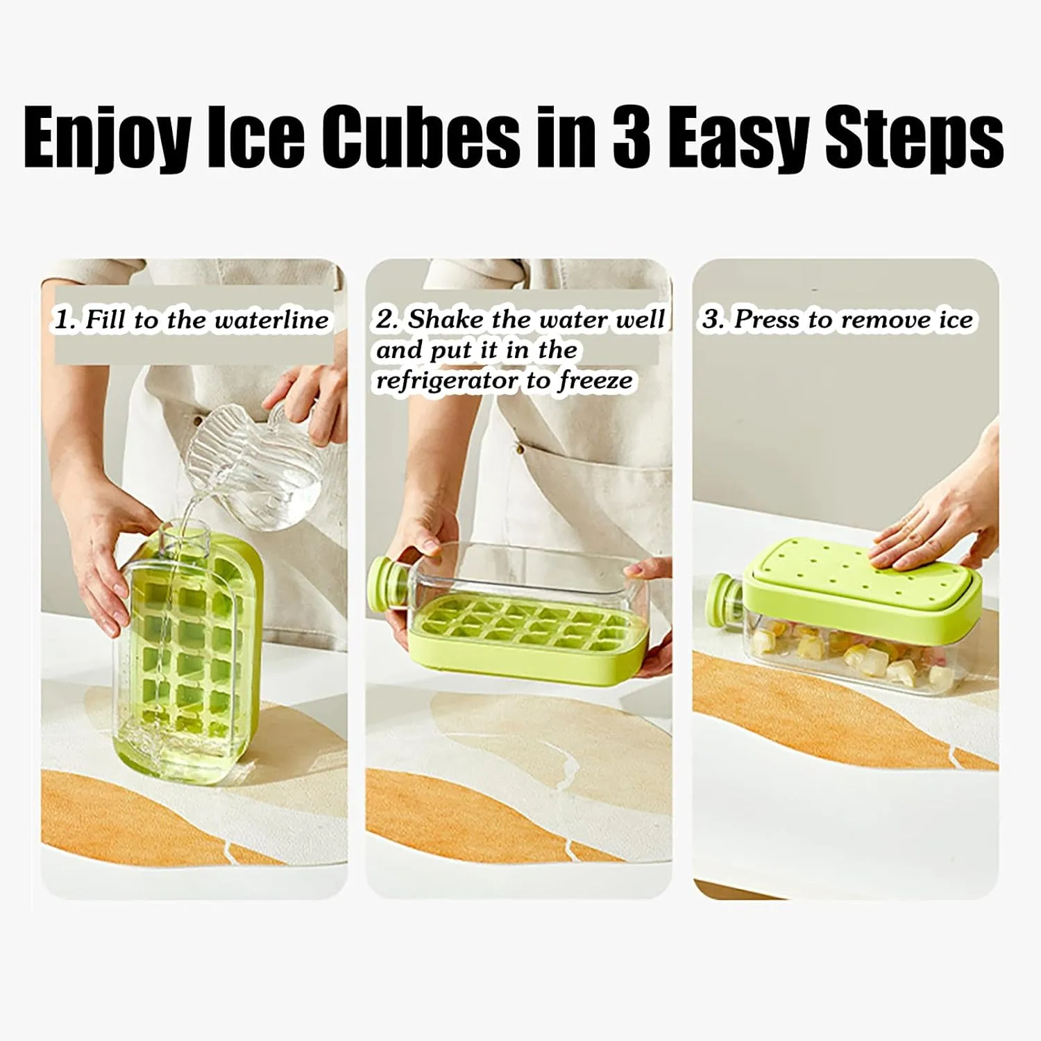 2-in-1 Ice Cube Bottle with Straw - Easy Press Ice Tray Water Bottle, Leak Proof Lid, Vertical Ice Maker for Freezer, Travel, Gym & Home Use (Green, 800ml)
