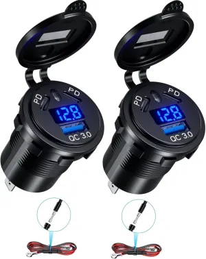2 Pack 12V USB Outlet Wire Charger Multi Port, 108W Dual PD & QC 3.0 Car Port Socket with Power Switch, USB C Cigarette Lighter Replacement 12 Volt Socket with Voltmeter Waterproof for Marine Boat RV