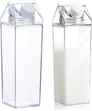 2 Pack Milk Carton Water Bottles 34oz/1000ml Leak Proof Plastic Water Bottle Reusable BPA Free Sports Water Bottle Carton Shaped Juice Milk Bottle for Gym Camping Hiking Travel Sports, Dishwasher Safe