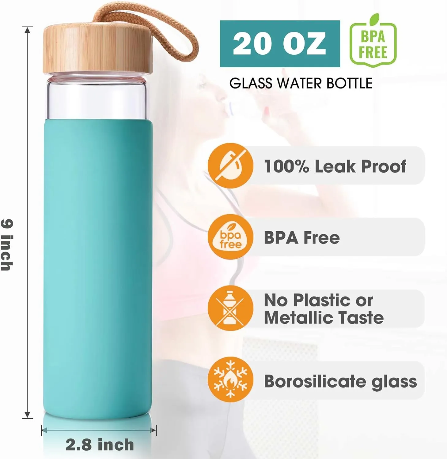 20 Oz Borosilicate Glass Water Bottle with Bamboo Lid and Silicone Sleeve – Reusable BPA Free Drinking Bottle with Lids - Cute Bottle for Women - Glass Shaker Bottle (Arcadia)