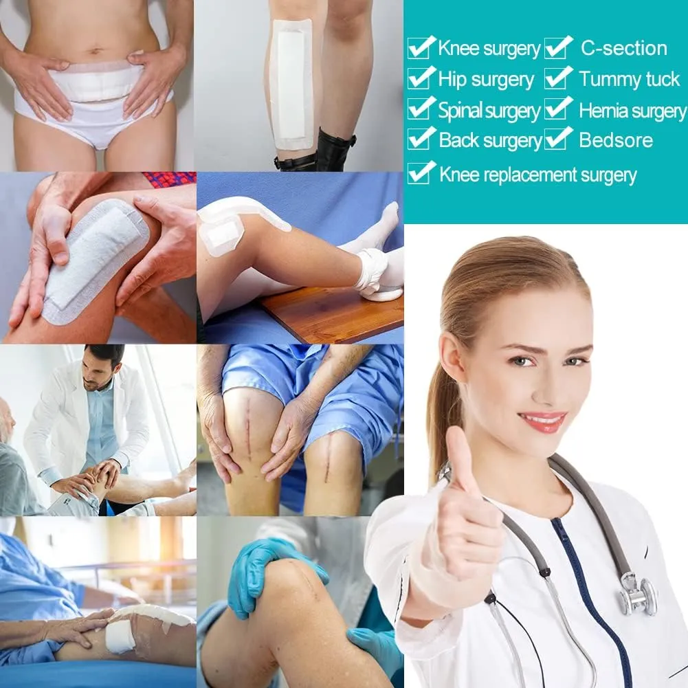 20 Pcs Waterproof Knee Replacement Dressing | 4x8 Inch Long Post Surgery Gauze Bandage with Adhesive Border   Non-Stick Central Pad, Hip Wound Incision Recovery