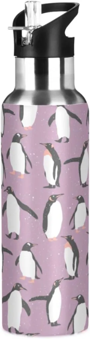 20oz Purple Penguin Water Bottle, BPA Free Stainless Steel Water Bottle Leak-Proof Sports Bottle for Camping Workouts Gym and Outdoor Activity