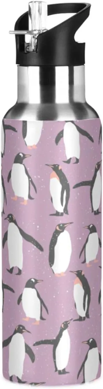 20oz Purple Penguin Water Bottle, BPA Free Stainless Steel Water Bottle Leak-Proof Sports Bottle for Camping Workouts Gym and Outdoor Activity