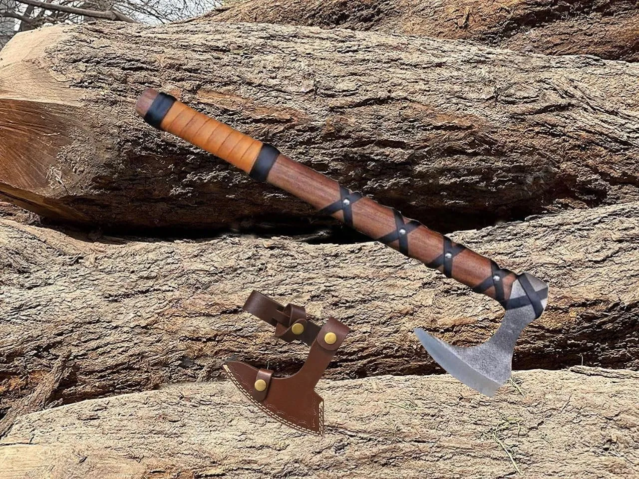 20" Custom Hand Forged Real Ragnar Norse Viking Axe Hatchet, Splitting Axe, Rose Wood Shaft with Beautiful Design Leather wrap Into Handle.