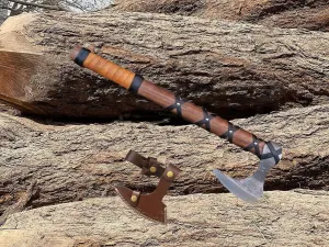 20" Custom Hand Forged Real Ragnar Norse Viking Axe Hatchet, Splitting Axe, Rose Wood Shaft with Beautiful Design Leather wrap Into Handle.