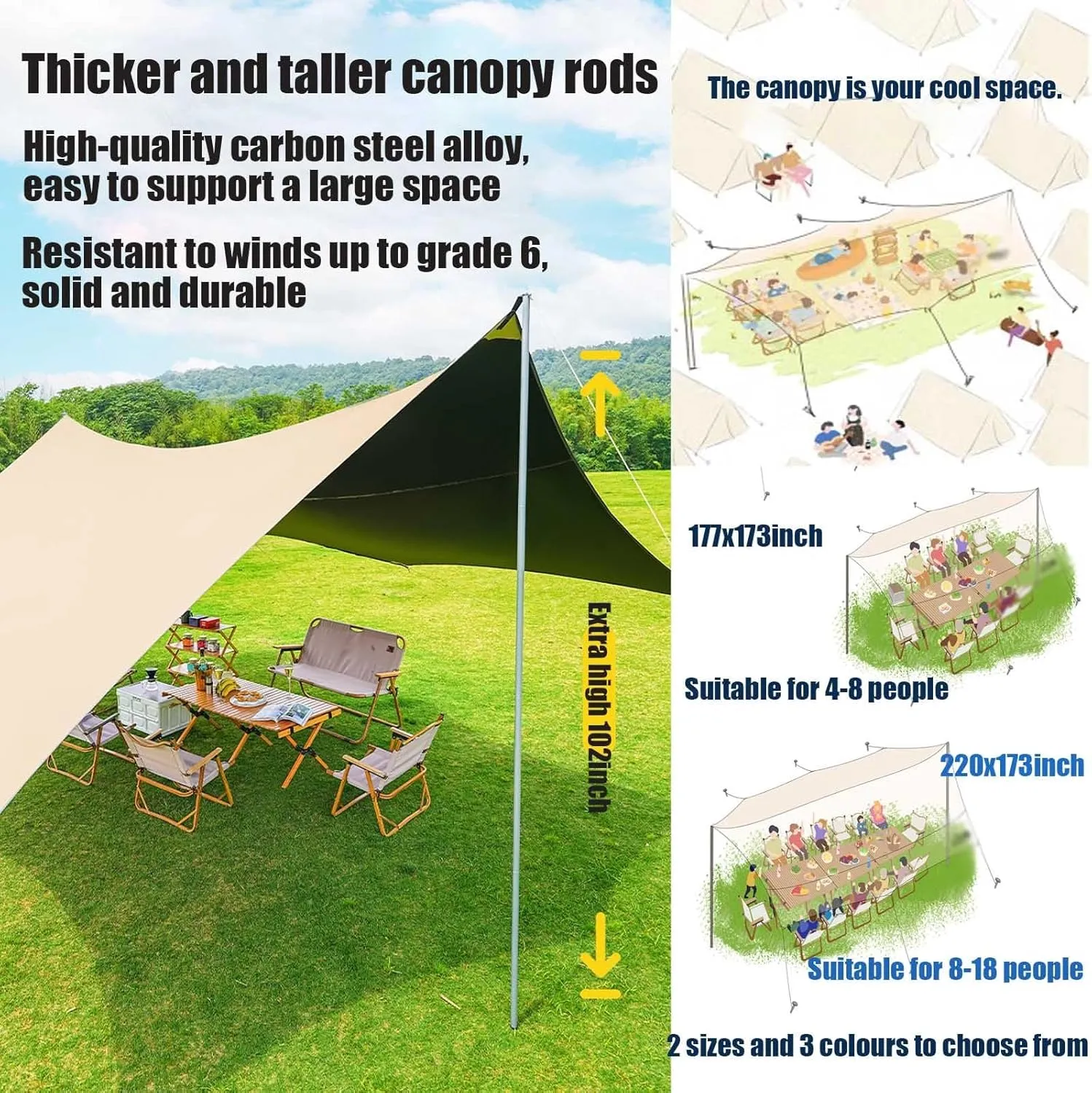 220x177inch Waterproof Portable Tarp Multifunctional with Poles Outdoor Camping Traveling Awning Windproof Anti UV Backpacking Tarp Shelter Rain Tarp(Rice-White,220x173x102inch)