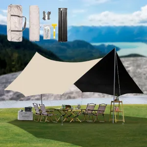 220x177inch Waterproof Portable Tarp Multifunctional with Poles Outdoor Camping Traveling Awning Windproof Anti UV Backpacking Tarp Shelter Rain Tarp(Rice-White,220x173x102inch)