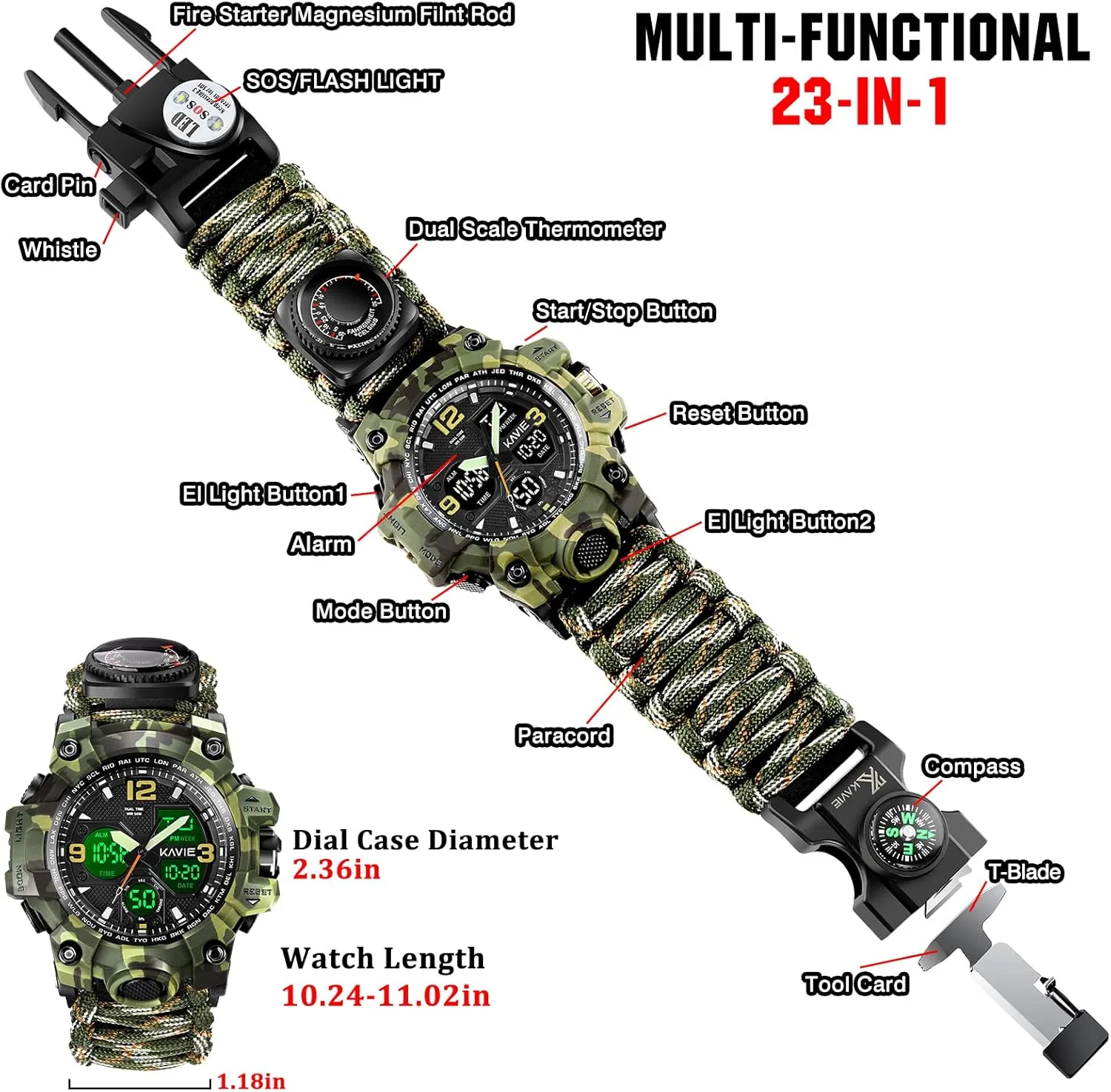 23-in-1 Survival Military Digital Watch, Mens Tactical Multi-Functional and Adjustable Wristband Outdoors Waterproof Sports Dual Dial Watches with Compass Paracord Band