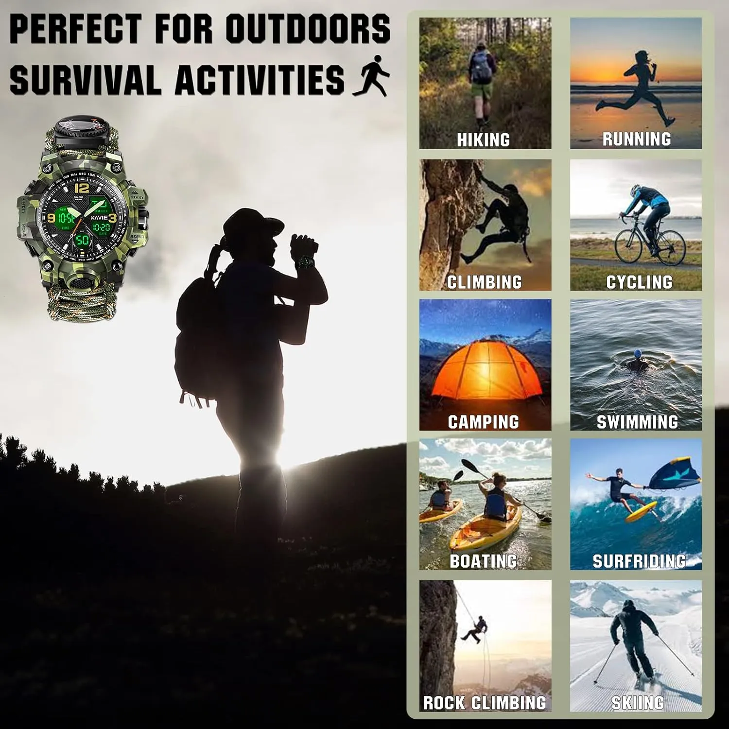 23-in-1 Survival Military Digital Watch, Mens Tactical Multi-Functional and Adjustable Wristband Outdoors Waterproof Sports Dual Dial Watches with Compass Paracord Band