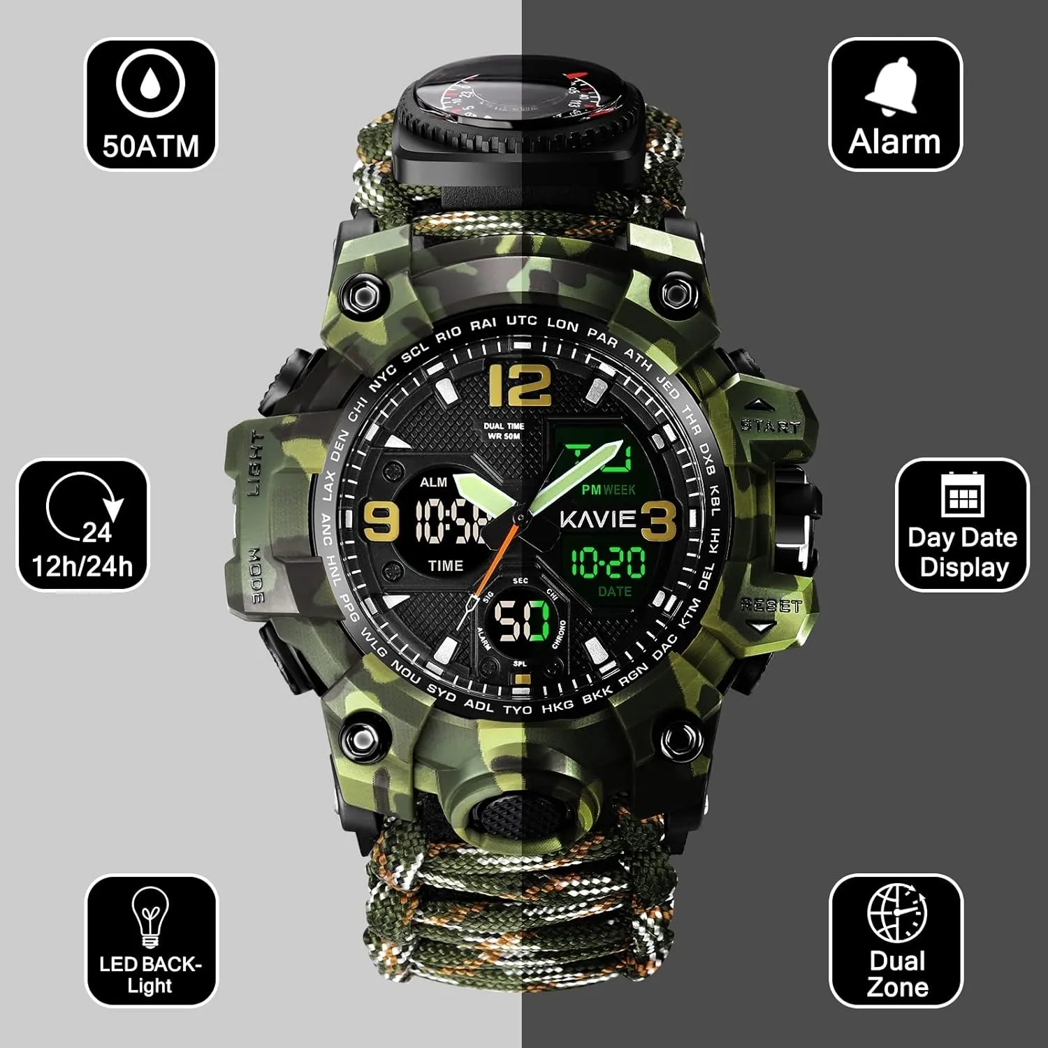 23-in-1 Survival Military Digital Watch, Mens Tactical Multi-Functional and Adjustable Wristband Outdoors Waterproof Sports Dual Dial Watches with Compass Paracord Band