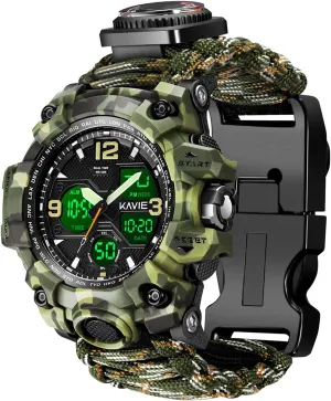 23-in-1 Survival Military Digital Watch, Mens Tactical Multi-Functional and Adjustable Wristband Outdoors Waterproof Sports Dual Dial Watches with Compass Paracord Band