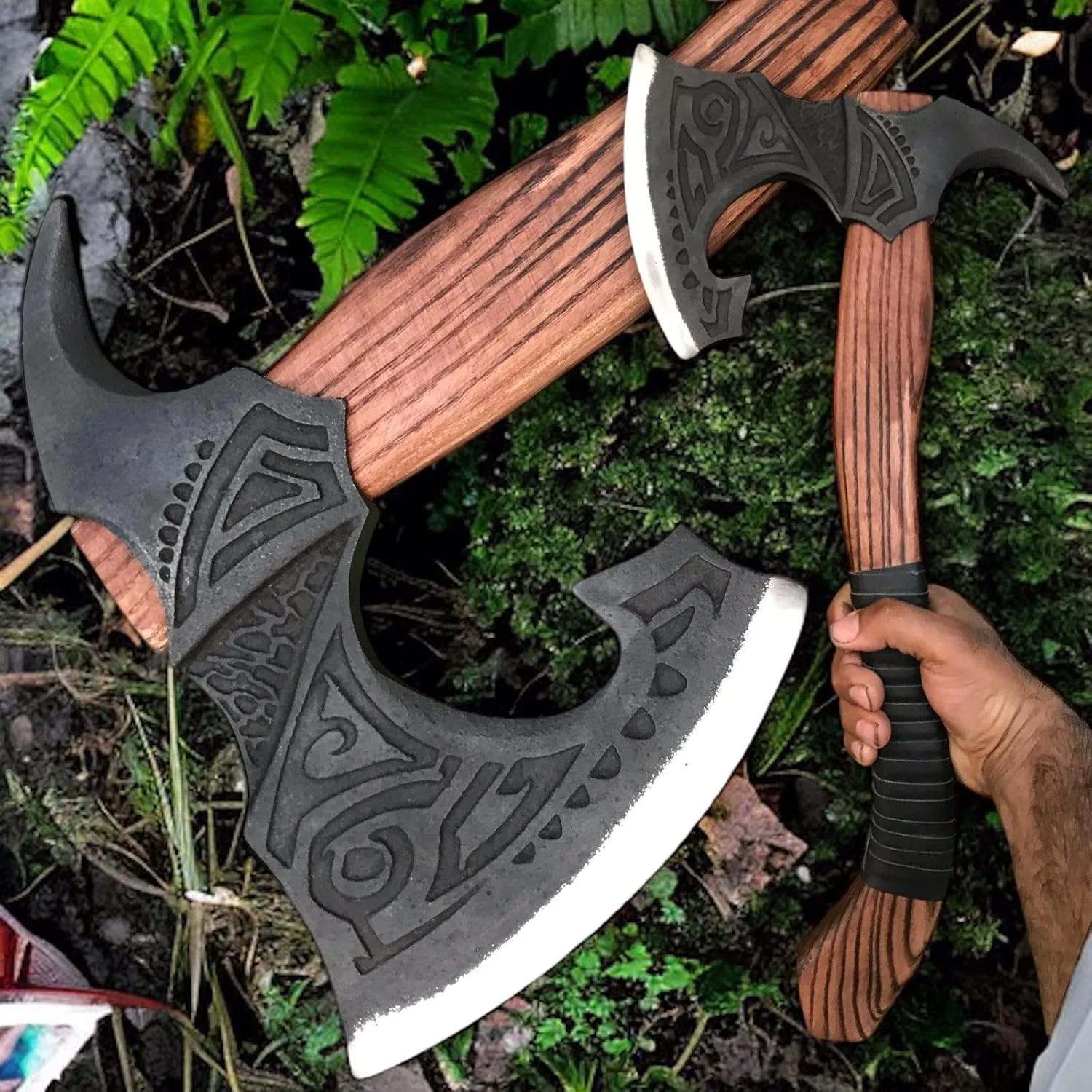 24”Large Berserker Axe Large Norse Axe Scandinavian Style Viking Axe Double Headed ax Functional Viking Battle ax Norse Forged Carbon Steel Blade Camping Survival Wood Cutting and Splitting