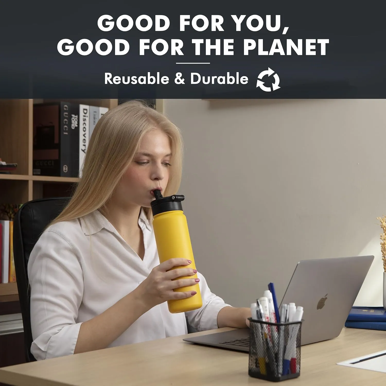 24OZ Stainless Steel Double Wall Insulated Water Bottle, Keeps Drinks Cold 24 Hours/Hot 12 Hours, Leak-Proof, Foldable Straw Lid, Dishwasher Safe, Fits Car Cup Holder, Golden Yellow